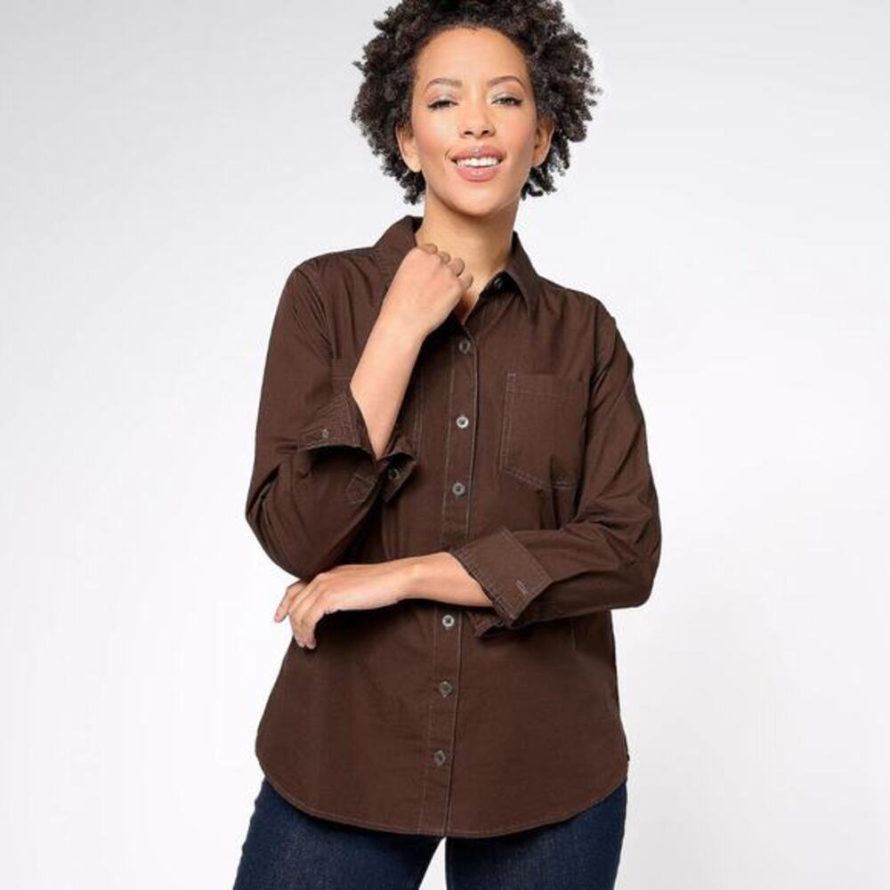 Denim & Co. Women's L Brown Button Front Patch Pockets Side Slits Collared Shirt